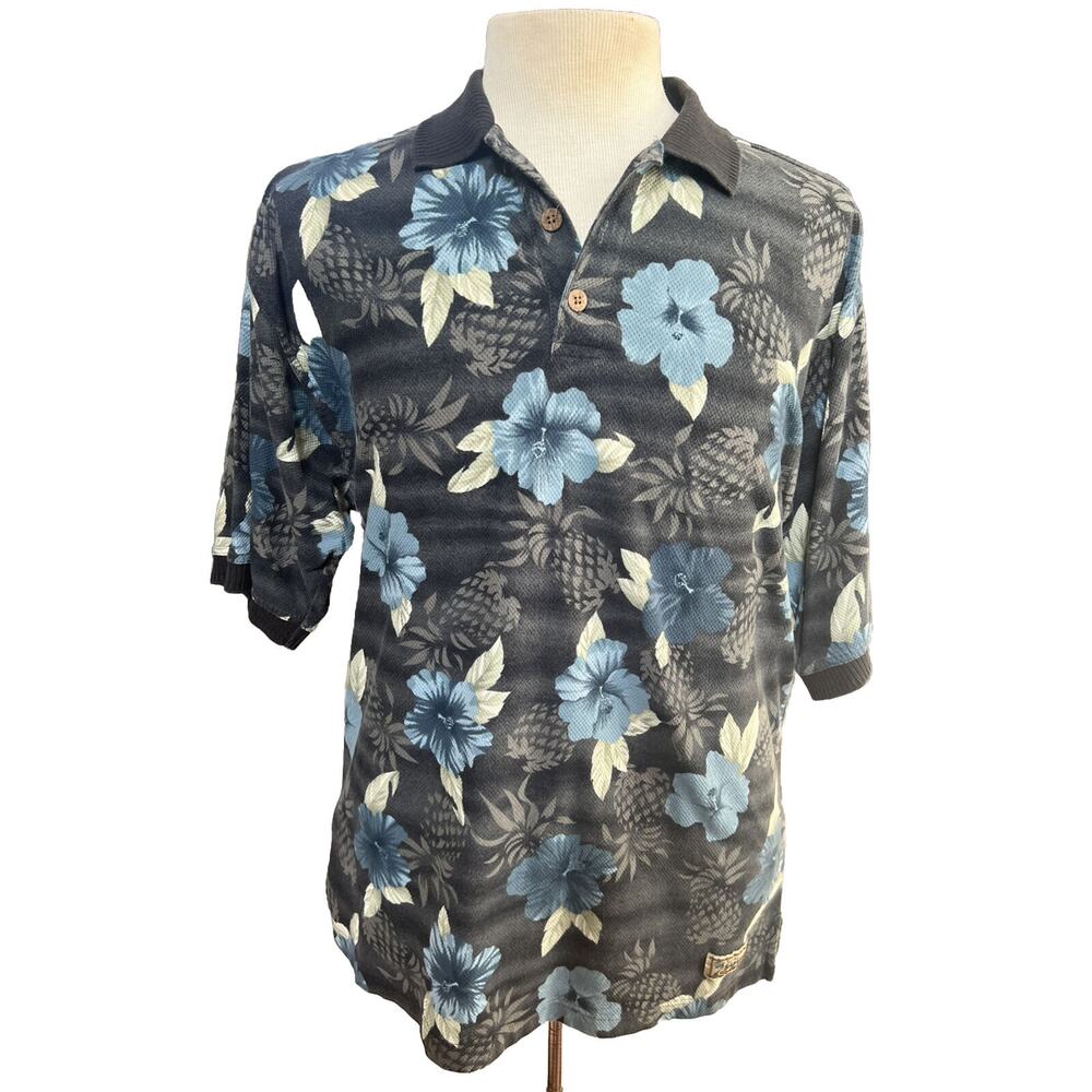 Tommy Bahama Polo Shirt Mens Sz M Cotton Blue Hibiscus Pineapple